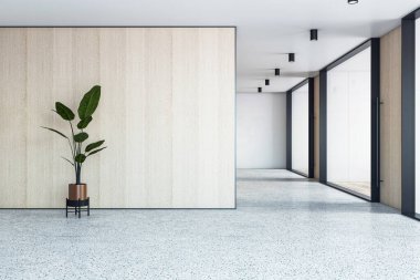 Terrazzo zemini, ahşap duvar, saksı fabrikası ve modern binadaki cam kapılar boş ofis koridoru. 3B Hazırlama