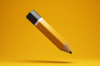 Keskin gölgeli, minimalist grafik stili, turuncu arka planlı sarı kalem yüzeyde yüzüyor. Yaratıcılık ve iş anlayışı. 3B Hazırlama