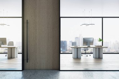 Modern mobilya, minimalist grafik tarzı, cam duvar arka planı, iş alanı kavramı olan parlak ofis içi. 3B Hazırlama