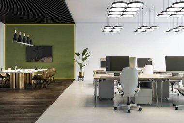 Paylaşılan çalışma istasyonları ve toplantı masası, modern ışıklandırma, yeşil arkaplan duvarı, 3D oluşturma