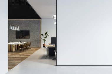 Modern mobilyalar, modern mobilyalar ve temiz iş sahasında ahşap zemin için boş beyaz duvarı olan çağdaş ofis içi. 3B Hazırlama