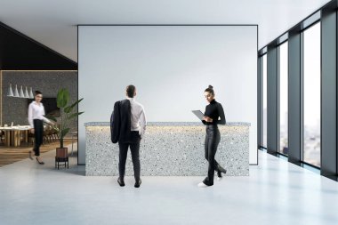 Modern ofis resepsiyonu resmi kıyafetler içinde iş adamları, minimalist iç mekan, terrazzo tezgahı, parlak oda, kurumsal çevre kavramı