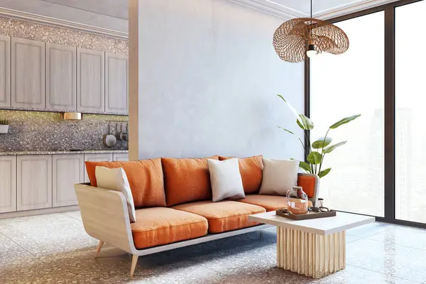 Modern oturma odası turuncu kanepe, açık ahşap dekor, geniş pencere manzarası, terrazzo zemin, temiz iç mekan. 3B Hazırlama