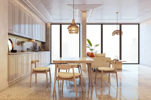 Çağdaş yemek ve mutfak odasının içinde hafif ahşap mobilyalar, terrazzo döşemeler ve camdan şehir manzarası var. 3B Hazırlama