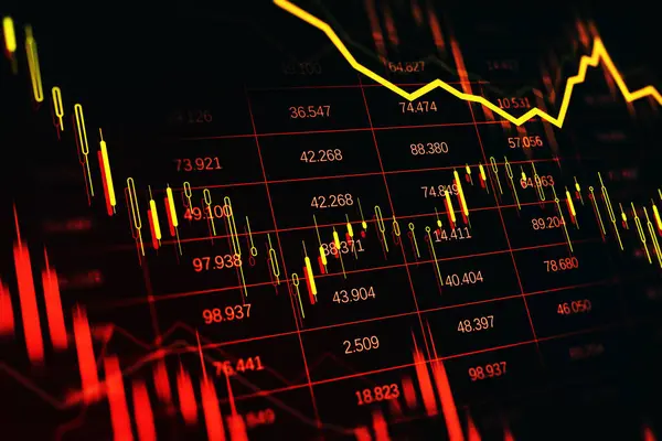 Koyu arkaplanda, küresel ekonomik kriz ve piyasa çöküşünü temsil eden soyut kırmızı ve sarı şamdan çizelgesi. 3B Hazırlama