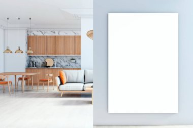 Modern iç odasının duvarında boş tuval modeli var. Hafif ahşap mutfak ve rahat mobilyalar, 3 boyutlu tasarım ve görüntü konsepti.