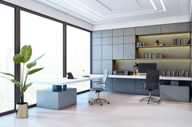 Modern mobilyalar, büyük pencereler, ahşap zemin ve temiz duvar arkaplanı olan şık bir ofis odası. Çağdaş çalışma alanı kavramı. 3B Hazırlama
