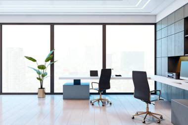 Büyük pencerelerin önünde minimalist mobilyaları ve ergonomik sandalyeleri olan çağdaş ofis odası, şehir manzarası arka planı, 3D oluşturma