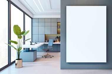 Modern ofis odasının iç kısımlarında duvarda boş tuval posteri var. Büyük pencereleri, şık mobilyaları ve yumuşak ışıklandırması var. 3B Hazırlama