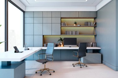 Modern mobilyaları, temiz duvarları ve rafları olan şık bir ofis, şehir manzarası, ışık tabanı ve zarif bir tasarımı var. 3B Hazırlama