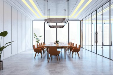 Ahşap masa, turuncu sandalyeler, fütüristik ışıklandırma, beton zemin, büyük pencereler ve şehir manzaralı şık ofis toplantı odası. 3B Hazırlama