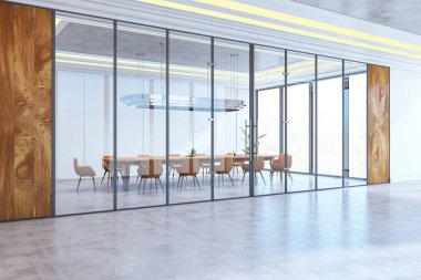 Cam duvarları, ahşap aksanları ve parlak zemin kaplamalı zarif mobilyaları olan geniş modern ofis. İş alanı kavramı. 3B Hazırlama