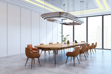 Ahşap masa ve kahverengi sandalyeli konferans odası, modern tarz, cam duvardan şehir manzarası, profesyonel çalışma alanı konsepti, 3D oluşturma