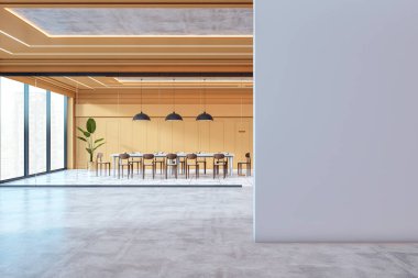 Minimalist ofis odası, boş beyaz duvar modeli, modern konferans alanı mobilya ve tavan lambaları, şehir manzaralı arka plan. 3B Hazırlama