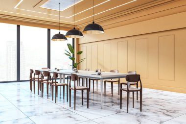 Modern toplantı odasındaki sandalyeli uzun masa iç mekan, 3D tasarım tarzı, mermer zemin ve bej duvar arka planı, iş alanı kavramı