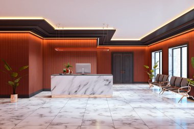 Mermer zemin, modern mobilyalar, sıcak ışıklandırma, ahşap duvarlar ve geniş pencereli şık bir resepsiyon. 3B Hazırlama