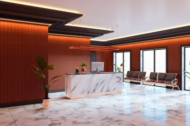 Mermer masalı resepsiyon odası, ahşap panelli duvarlar, tavan lambaları ve modern bir iş alanında sandalyeler. 3B Hazırlama