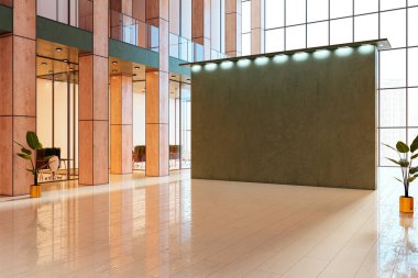 Geniş, boş yeşil duvarlı, gösterişli, ahşap kolonlar ve ofis binasının parlak zemininde saksı bitkileri olan modern bir iç mekan. 3B Hazırlama