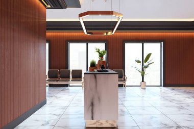 Modern ofis resepsiyon odası mermer zemin, ahşap panel duvarlar, büyük pencereler, metal aydınlatma ve temiz iş mimarisi konseptinde bitkiler. 3B Hazırlama