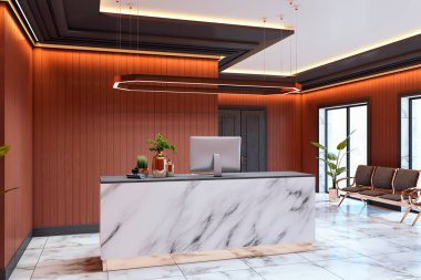Mermer masalı zarif kabul odası, ahşap duvar panelleri, modern ışıklandırma, fayanslı zemin ve iç mekan bitkileri iş arka planında. 3B Hazırlama