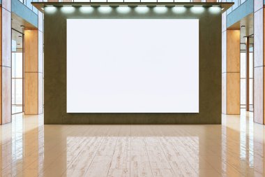 Duvarında boş ekran olan modern bir odanın iç mimarisi, parlak ahşap zemin, cam duvarlar ve sıcak ışıklandırma. Temiz görüntü kavramı. 3B Hazırlama