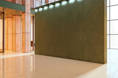 Tertemiz mimari tasarım ve şehir manzarası arka planına sahip tavan ışıkları altında yeşil boş bir duvar bulunan boş modern iç mekan. 3B Hazırlama