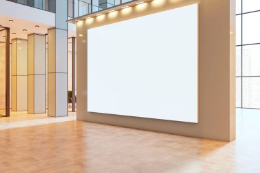 Modern ofis iç duvarında geniş boş tuval modeli, 3D Rending, temiz boş alan ve iş sunumu konsepti için sıcak aydınlatma
