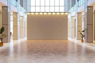 Büyük boş ekran duvarı, temiz mimari tarzı, parlak cam arka planı olan boş modern iç mekan. Sunum ya da model kavramı. 3B Hazırlama