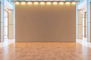 Modern iç mekandaki boş tuval duvar, sahne ışıkları, ahşap zemin ve arka planda büyük pencereler. 3B Hazırlama Sunumu Sahnesi
