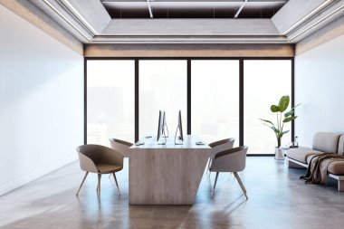 Şehir manzaralı büyük pencerelerin önünde şık masalı, sandalyeli ve kanepeli modern ofis odası, temiz beton zemin, 3D döşeme