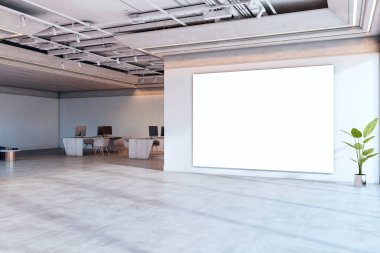 Boş, beyaz tuvali olan modern ofis odası, temiz beton zemin, minimum mobilya ve yeşil bitki konsepti, sunum konsepti. 3B Hazırlama