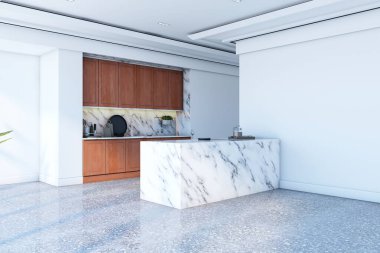 Ofis mutfağının içinde mermer tezgah, ahşap dolaplar, terrazzo zemin ve temiz modern bina konseptinde minimum ışıklandırma var. 3B Hazırlama