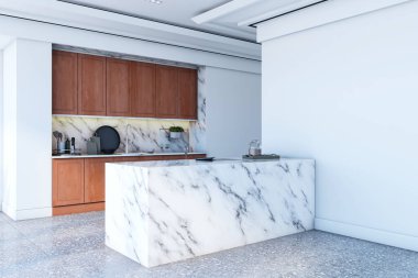 Şık bir mutfak, mermer ada, ahşap kabin ve temiz bir arka planda minimum aksesuarlar. Modern mimari kavramı. 3B Hazırlama