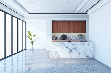 Mermer adalı modern mutfak, ahşap dolaplar, büyük pencereler, terrazzo zemin ve şehir manzaralı minimalist iç mekan. 3B Hazırlama