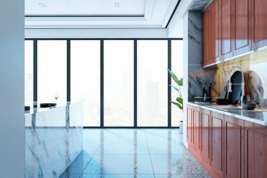 Çağdaş mutfak içi mermer tezgahlar, ahşap dolaplar ve şehir manzarasını gösteren parlak fayanslı yerler. 3B Hazırlama