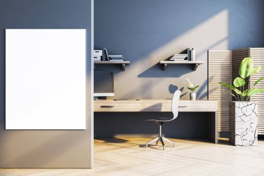 Modern iç odada, tahta masa, kitaplık, ofis sandalyesi ve dekoratif bitkilerle dolu gri duvarda boş tuval modeli. 3B Hazırlama