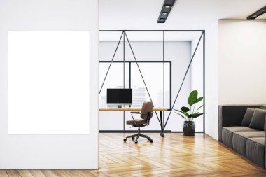 Modern ofis odasında, kanepe, masa, bilgisayar ve şehir arkaplanlı beyaz duvarda boş bir poster modeli. 3B Hazırlama