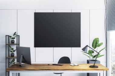 Duvarında boş tuval olan çağdaş ofis odası, ahşap masa ve temiz beyaz arka planda minimal tarzda dekorasyon. 3B Hazırlama