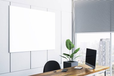 Masaüstü, yeşil bitki ve şehir manzarası panjurları ile modern ofis duvarında asılı boş tuval modeli. 3B Hazırlama