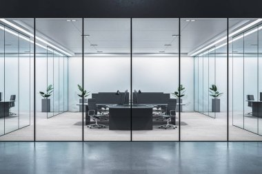 Çağdaş ofis odası, cam duvarlar, siyah mobilyalar, kapalı kapılar, temiz zeminde parlak ışıklar. Modern iş iç mimarisi kavramı. 3B Hazırlama