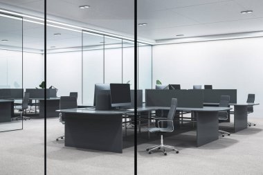 Pürüzsüz çalışma istasyonları, cam duvarları ve temiz halı zemininde minimalist mobilyaları olan gösterişli modern ofis. İş yeri kavramı. 3B Hazırlama