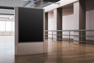 Ahşap döşemeleri ve nötr tonlarıyla modern koridor içinde dikey siyah ekran modeli. 3B Hazırlama