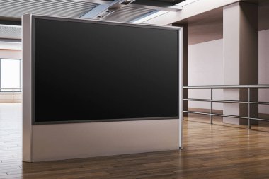 Ahşap döşemeleri ve aydınlık duvarları olan parlak bir ofis içinde modern bir vitrin üzerinde boş siyah poster modeli. 3B Hazırlama