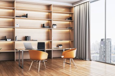Modern mobilyalar, ahşap raflar, cam masa ve şehir manzaralı çalışma alanı. Lüks şirket içi konsepti. 3B Hazırlama