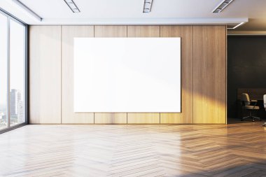Ahşap duvardaki boş tuval modeli temiz, modern ofis içi parke zemin, geniş pencere ve şehir manzaralı. 3B Hazırlama