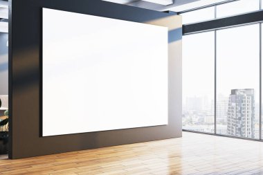 Ofis içi temiz, karanlık duvarda boş tuval modeli. Şehir manzarası arka planı ve ahşap zemin var. Sunum ve markalaşma kavramı. 3B Hazırlama