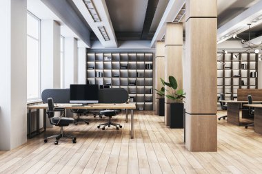 Ahşap mobilyalar ve kitap raflarıyla çağdaş boş ofis iç mimarisi, açık-plan düzeninde modern çalışma alanı tasarımı, 3D oluşturma