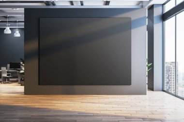 Modern boş ofisin içindeki, tahta zemin ve cam pencereli, çalışma alanı görüntüsü konsepti olan karanlık duvarda siyah bir maket. 3B Hazırlama