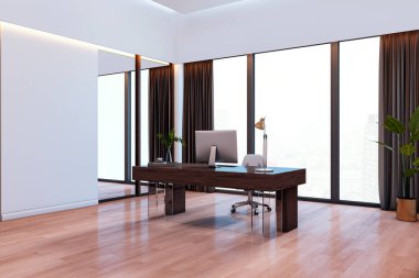 Modern mobilyaları, ahşap zemini, büyük cam pencereleri ve şehir manzarası olan çağdaş ofis içi. İş yeri kavramı. 3B Hazırlama