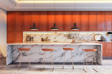Mermer adalı modern mutfak odası ve ahşap dolap, çağdaş tarz, yumuşak ışıklandırmalı kapalı alan, zarif iç mekan konsepti. 3B Hazırlama